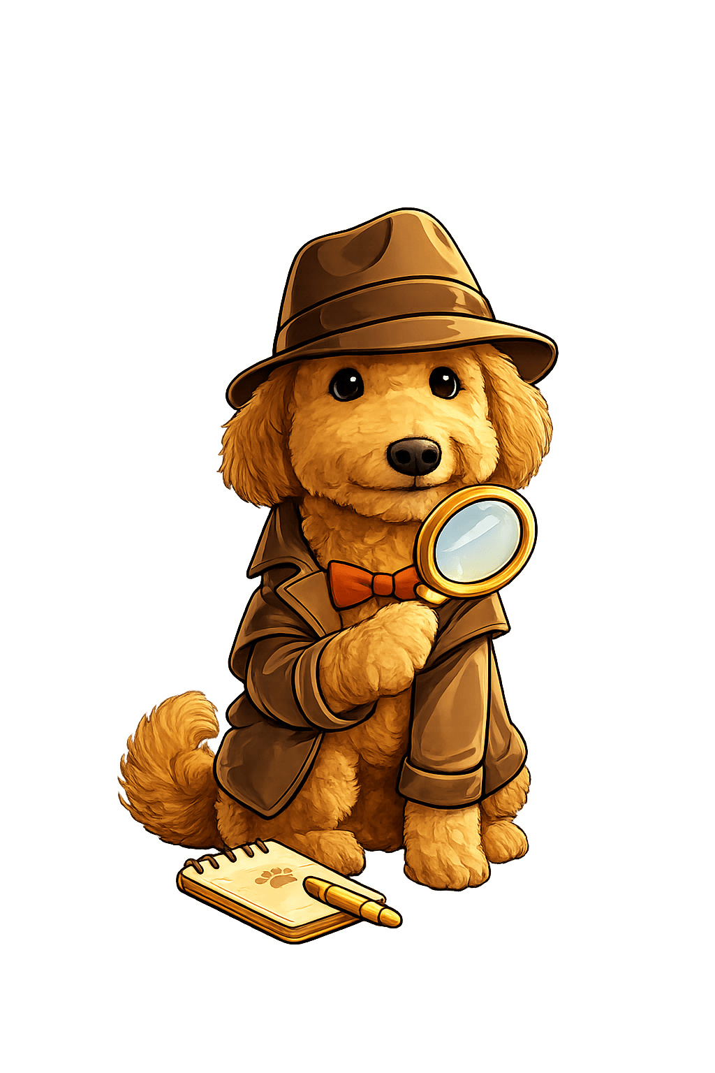Teddy, the taller golden doodle detective with curly red fur